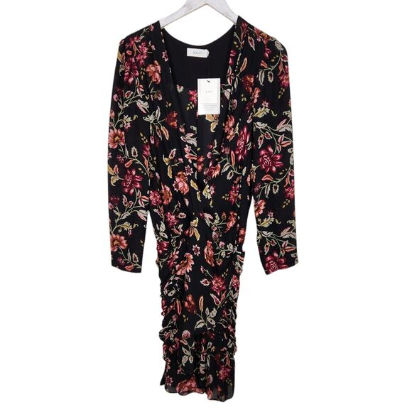 A.L.C. Dress Womens 10 Black Floral Haven Ruched Silk Long‎ Sleeve NWT Flaw $595 - Picture 3 of 16